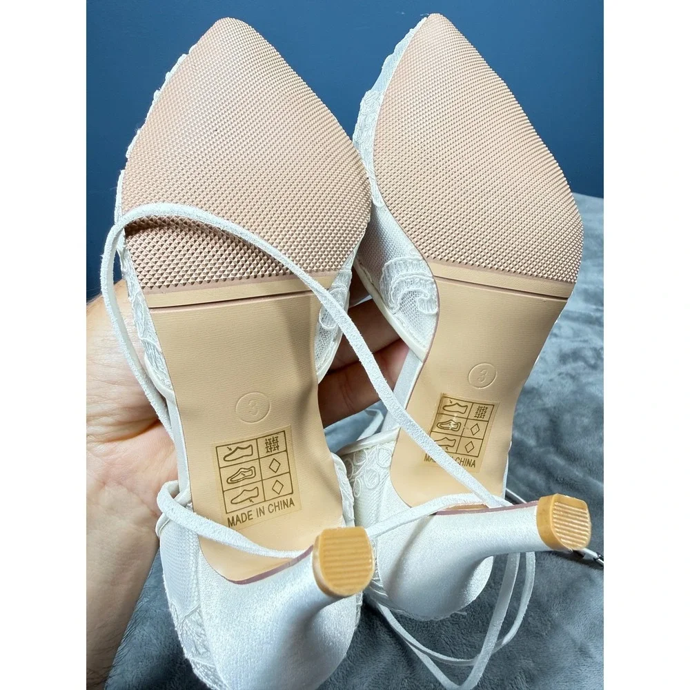 Erijunor Lace Heels Womens 3 Ivory Ankle Tie Lace Up Pointed Toe Bridal